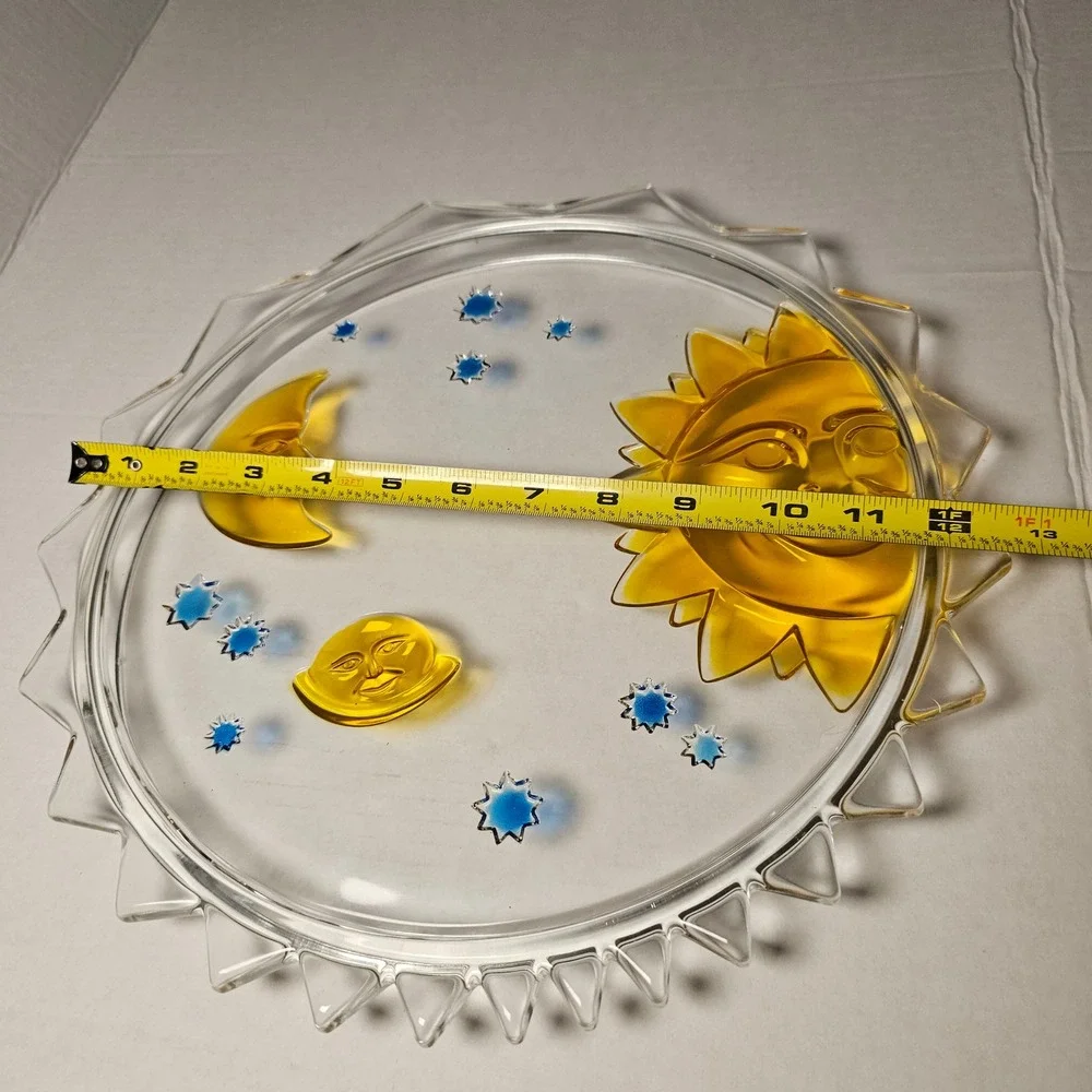 1990s Celestial Sun Moon Stars Glass Serving Platter Round‎ Amber Blue 12.5 Inch